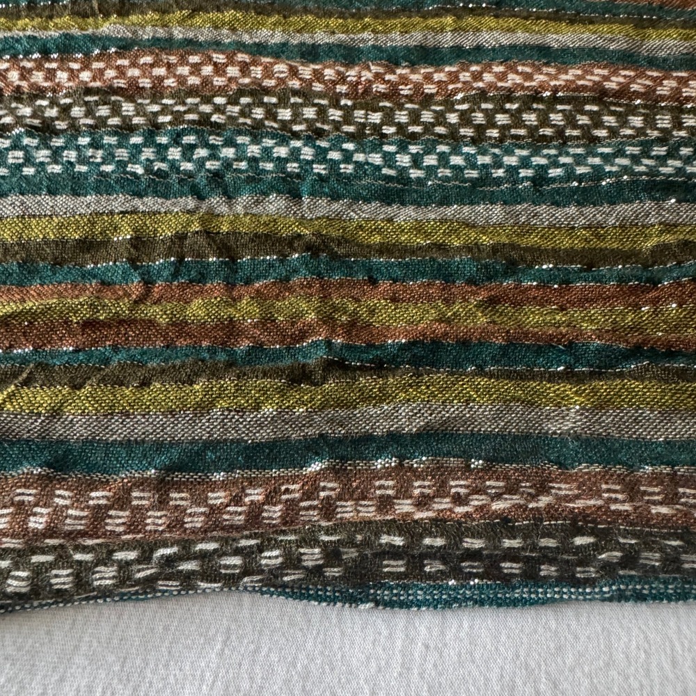 Striped Metallic Shimmer Fringe Shawl Scarf Green Brown Boho Chic Retro Artisan - Picture 4 of 8